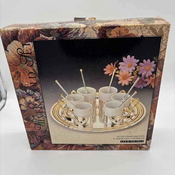 Vintage Davco Silver Gold Set  Set of 6 Demitasse w/11" Round Tray & Spoons New - Picture 5 of 6